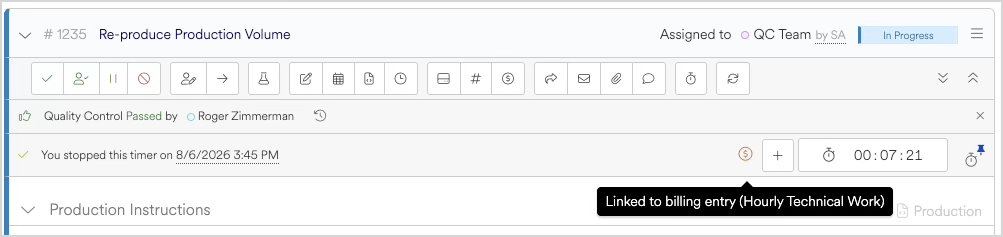 Production volume details with timer and billing entry linked for technical work.